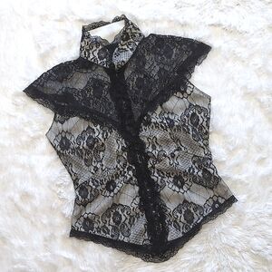 Y2K Lip Service Black & White High Collar Lace Hook & Eye Corset Top Size Medium